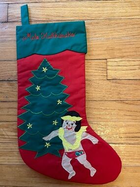 Hand Quilted Holiday Christmas Stocking Red and Green with Hawaiian Hula Design